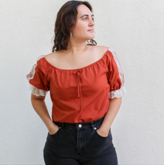 SOLD - Vintage 1970s Deep Orange Rust Off the Shoulder Western Style - Picture 4 of 11